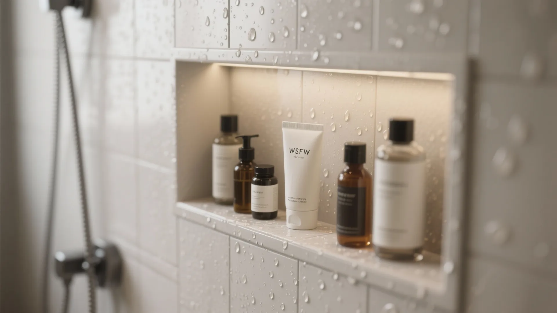 Built-in wall shelf in a shower area with various bottles of soap and skin care