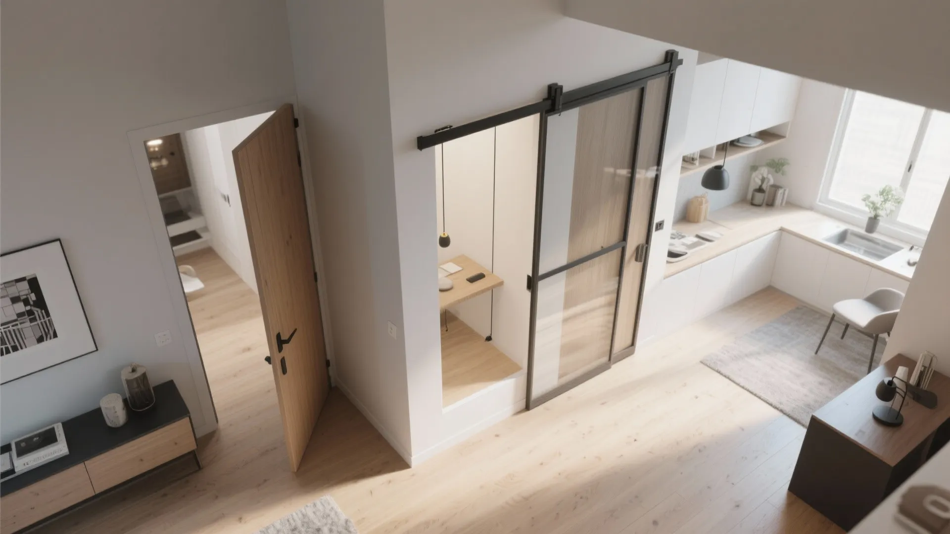Hybrid pocket-enabled swing door sliding into a shallow wall pocket in a small open-plan apartment.