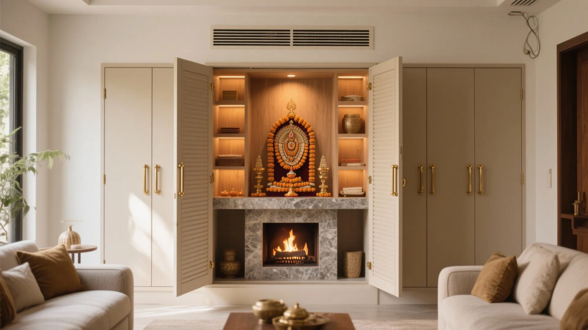 Pocket or tambour doors for a living-room mandir