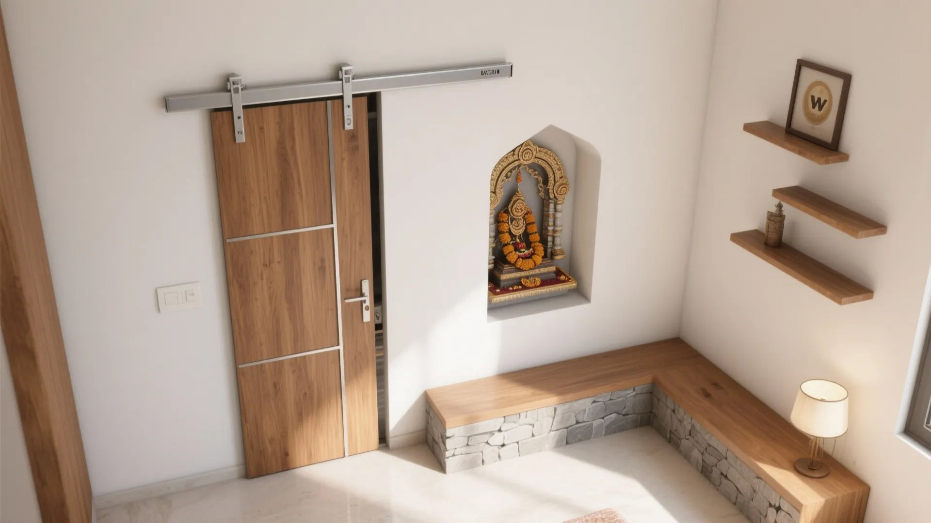 Modern sliding wooden door in white room with stone bench wooden shelves and a shrine