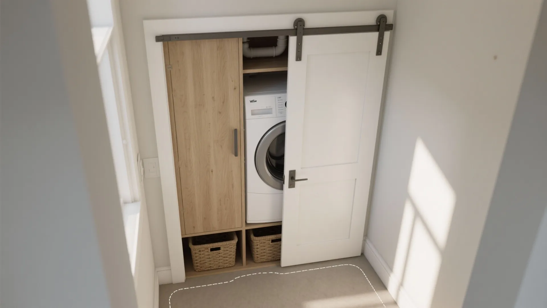 Small laundry closet with white sliding door wood cabinet washing machine and two woven baskets