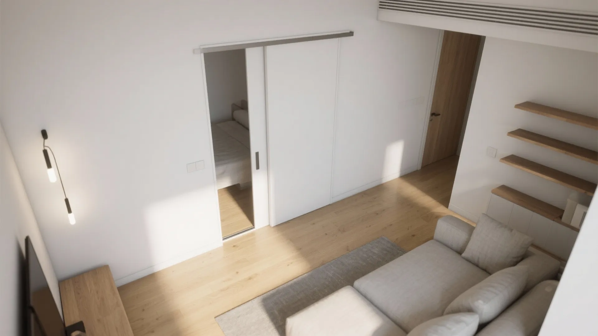Top-down view of a small living room with a pocket sliding door disappearing into the wall, freeing circulation space.