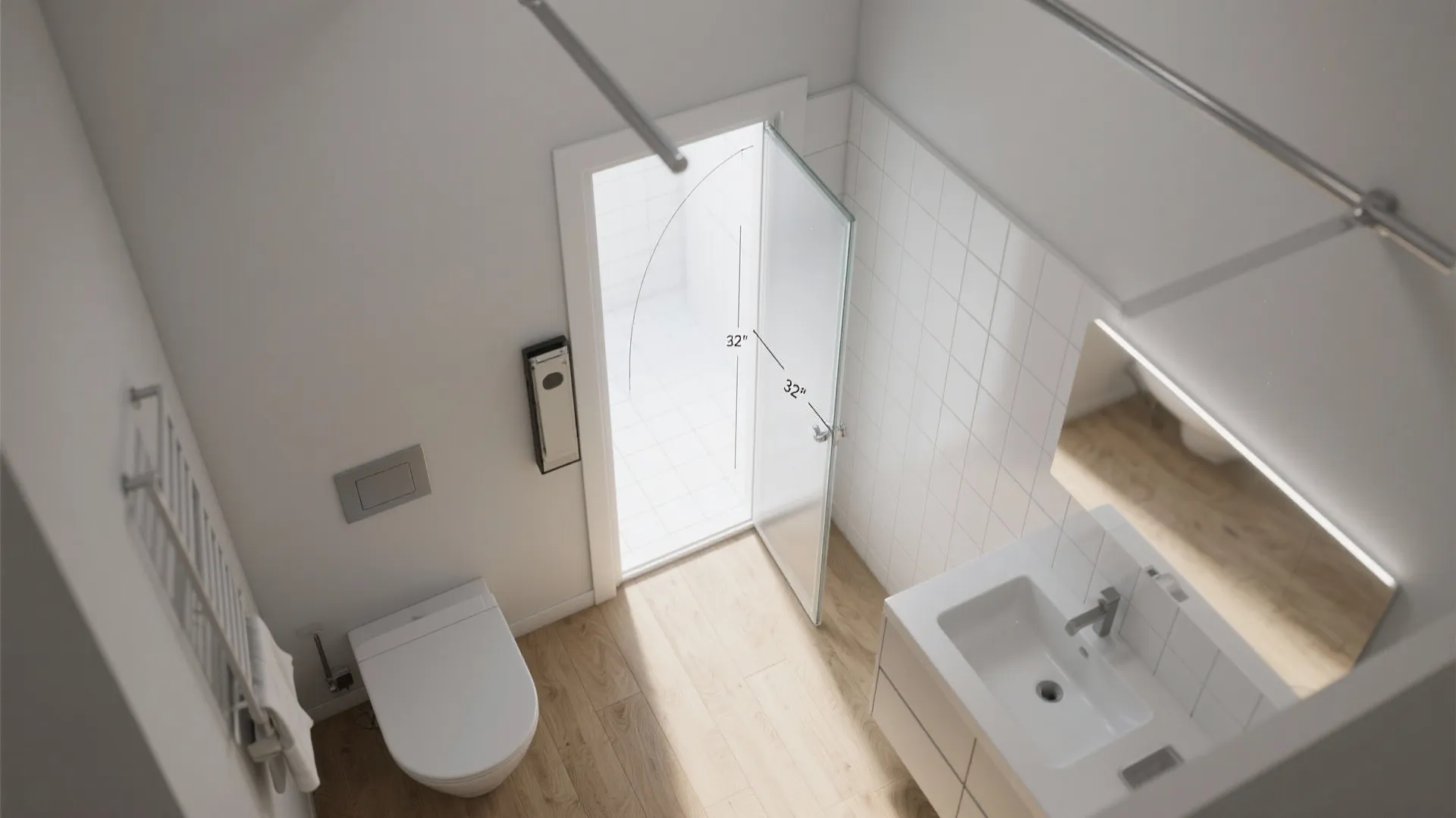 Top view bathroom layout with toilet sink and glass door showing measurements for a space