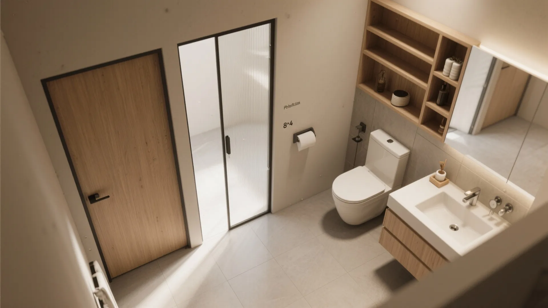 Top view of small bathroom layout showing toilet sink wooden shelves and frosted glass door
