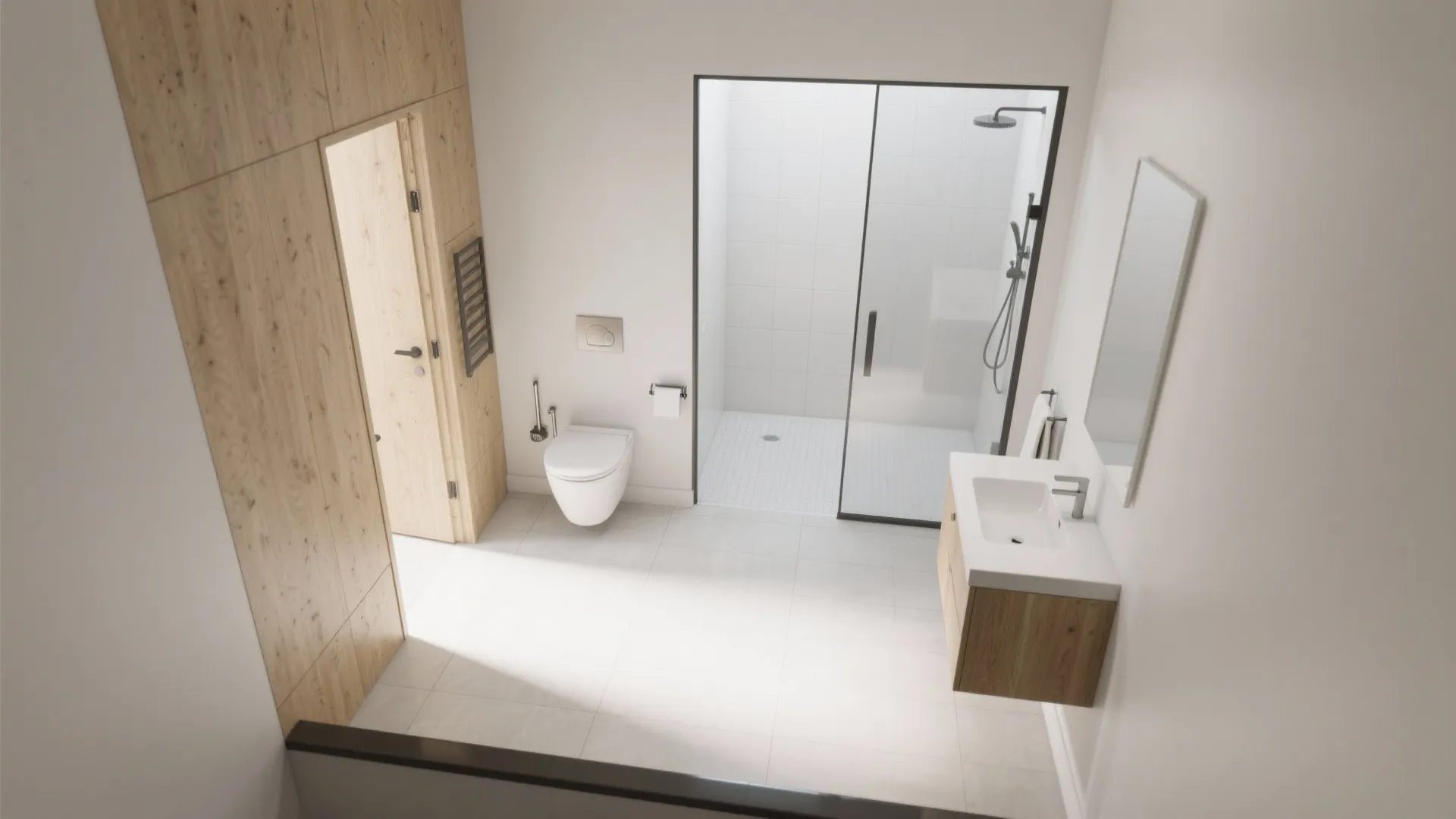 High angle view of a modern bathroom with toilet sink wood wall and glass shower