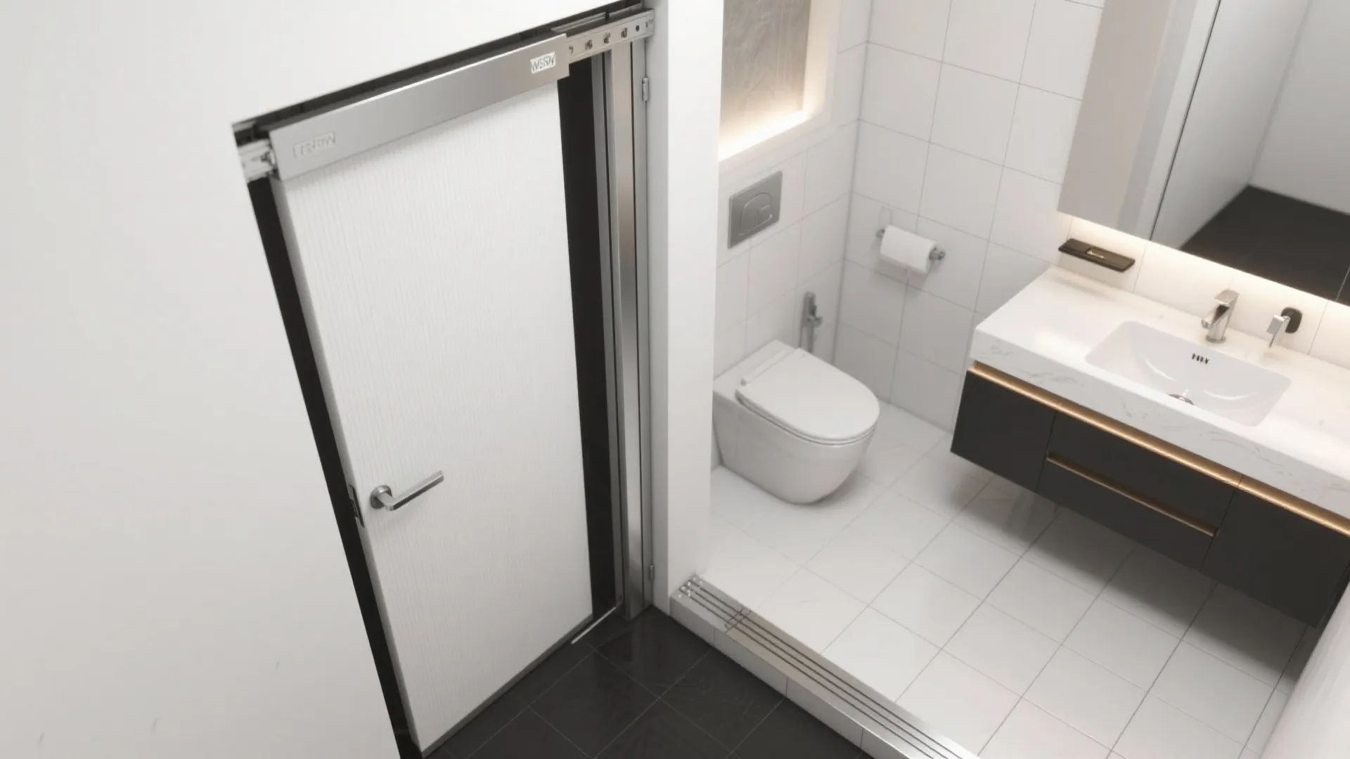 Top view of a modern bathroom layout featuring white toilet sink cabinet and sliding door system