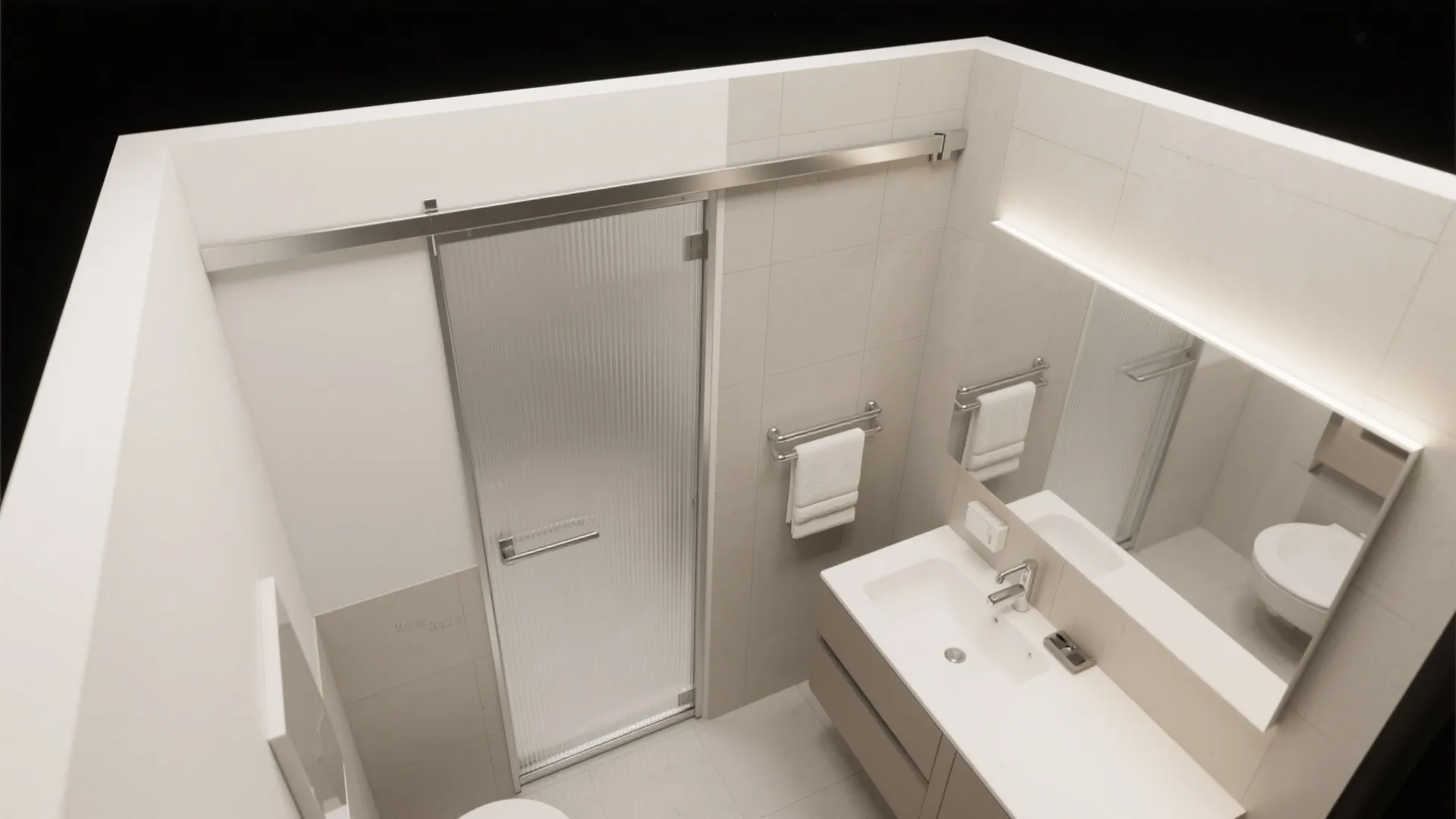 High angle interior design drawing of a bathroom with sliding glass door mirror and sink