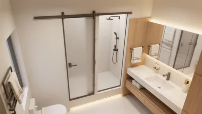 Modern Bathroom Design with Wood Accent and Glass Shower