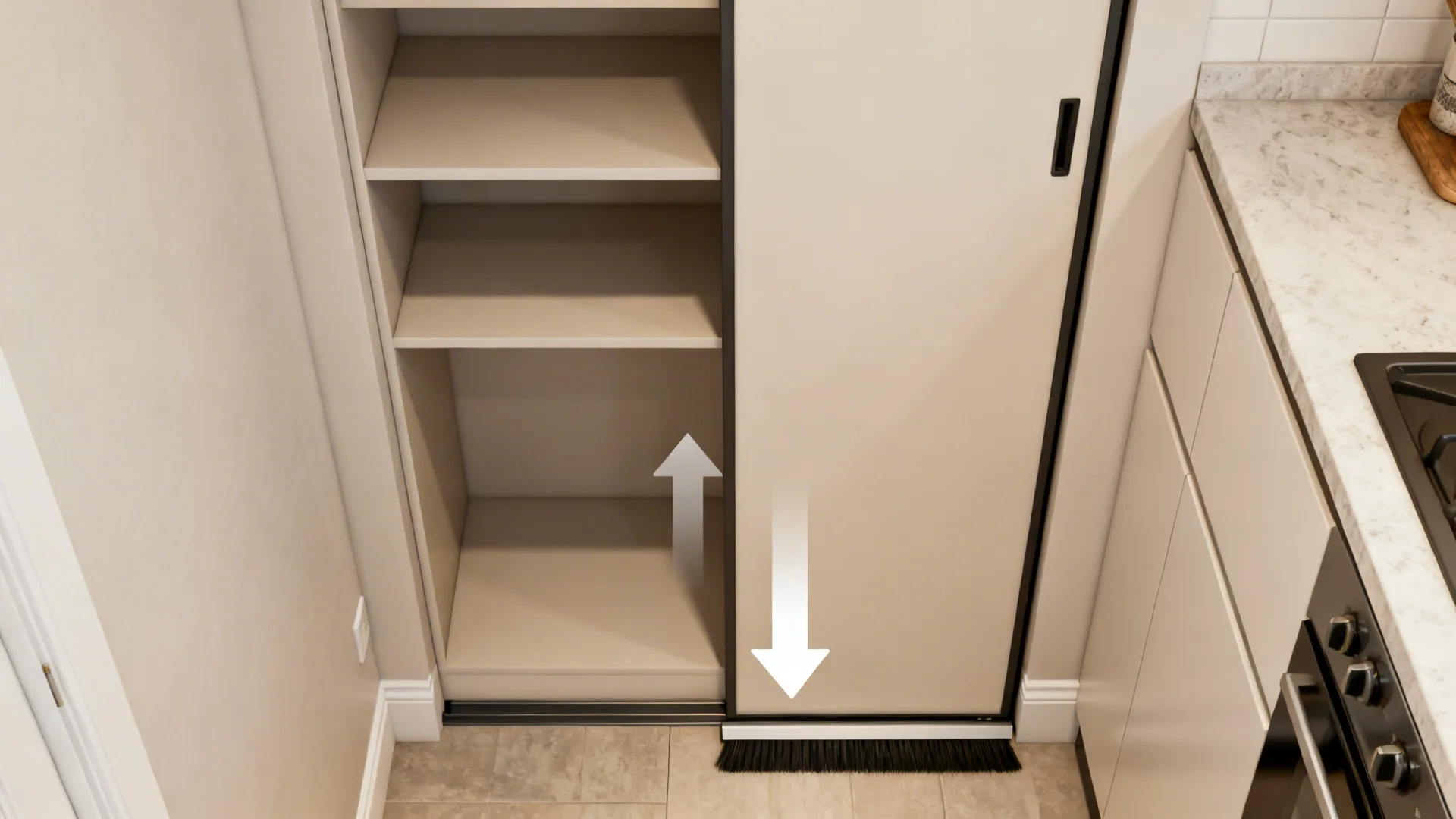 Top-down view showing a pocket cavity behind a tall sliding pantry door.
