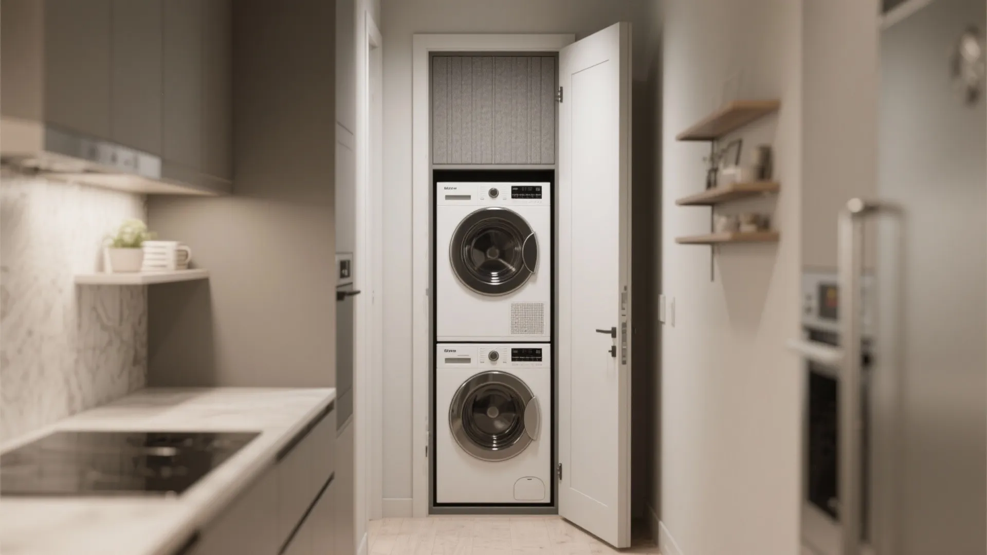 Modern laundry closet with stacked washing machine and dryer inside a white cabinet in kitchen