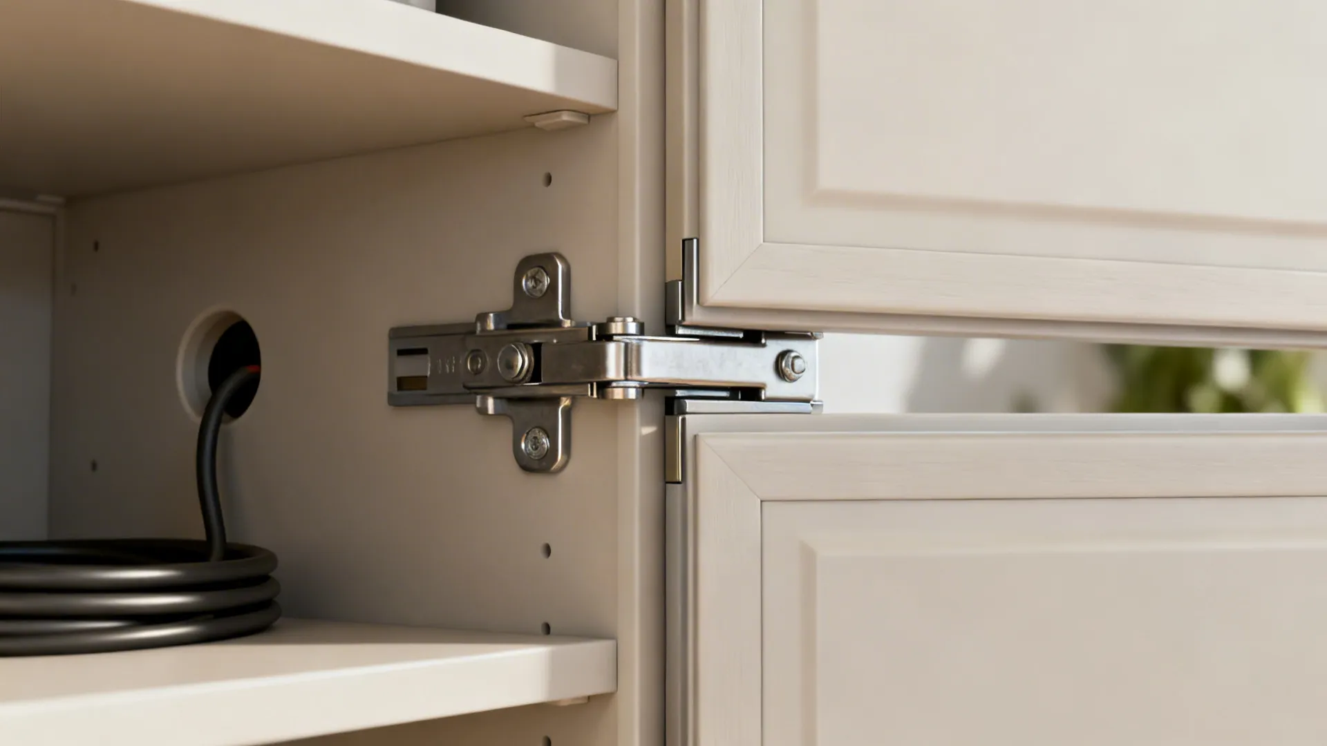 Metal door hinge inside a white wood cabinet with two open doors and black cord