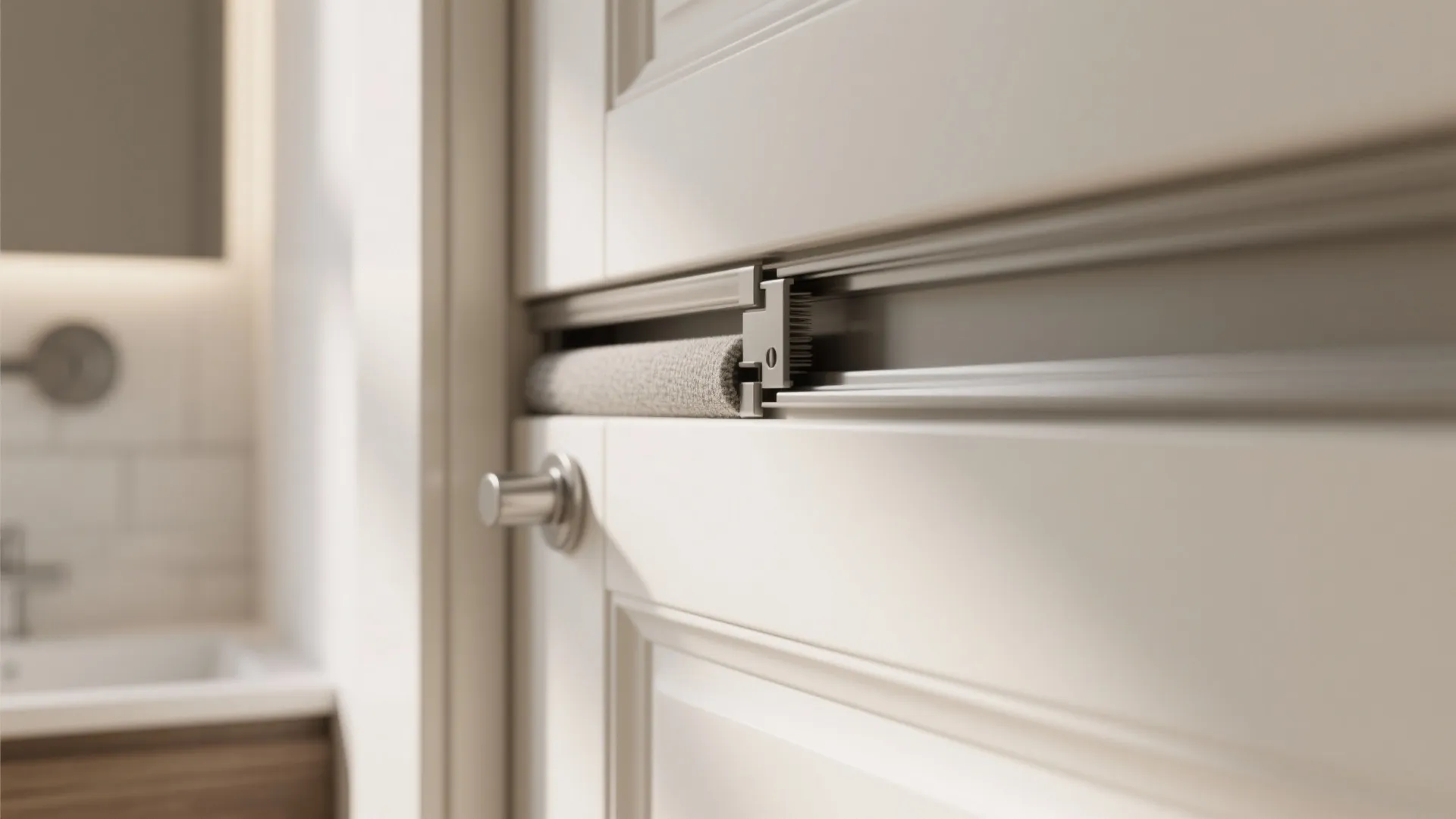 Close-up of soft-close pocket door track and flush jamb detail.