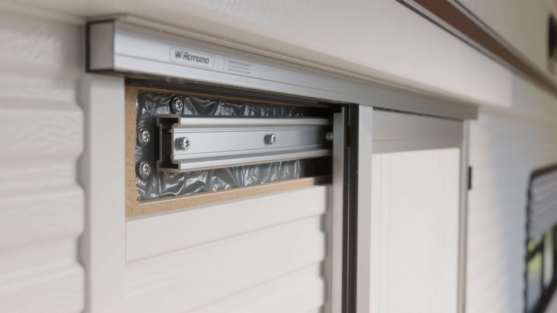 Close up of metal sliding door track installed on a white wall for a camper