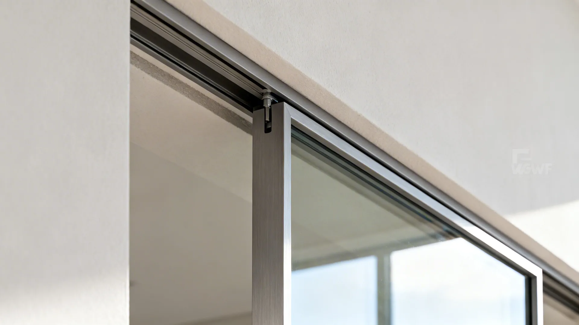 Macro view of a slim aluminum frame and laminated glass pocket door sliding into a clean wall cavity.