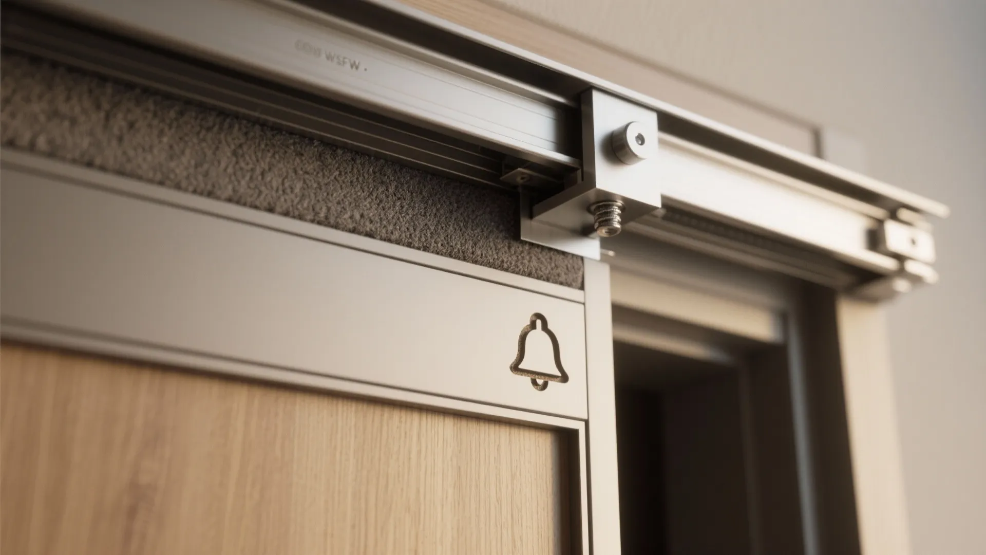 Close up of a metal sliding door track system installed on a light wood grain door
