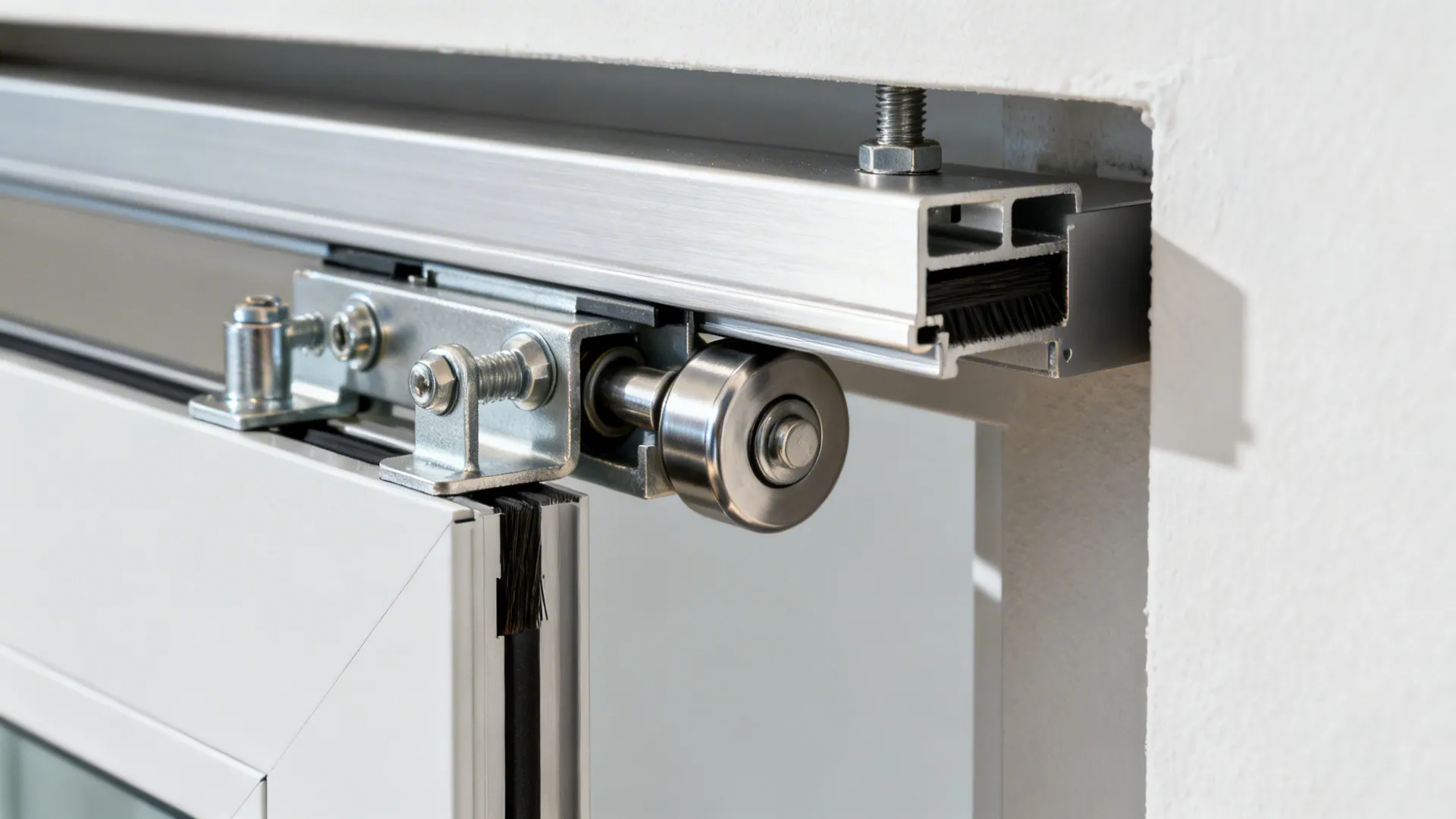 Macro of aluminium pocket door track with soft-close hardware and brush seal detail.