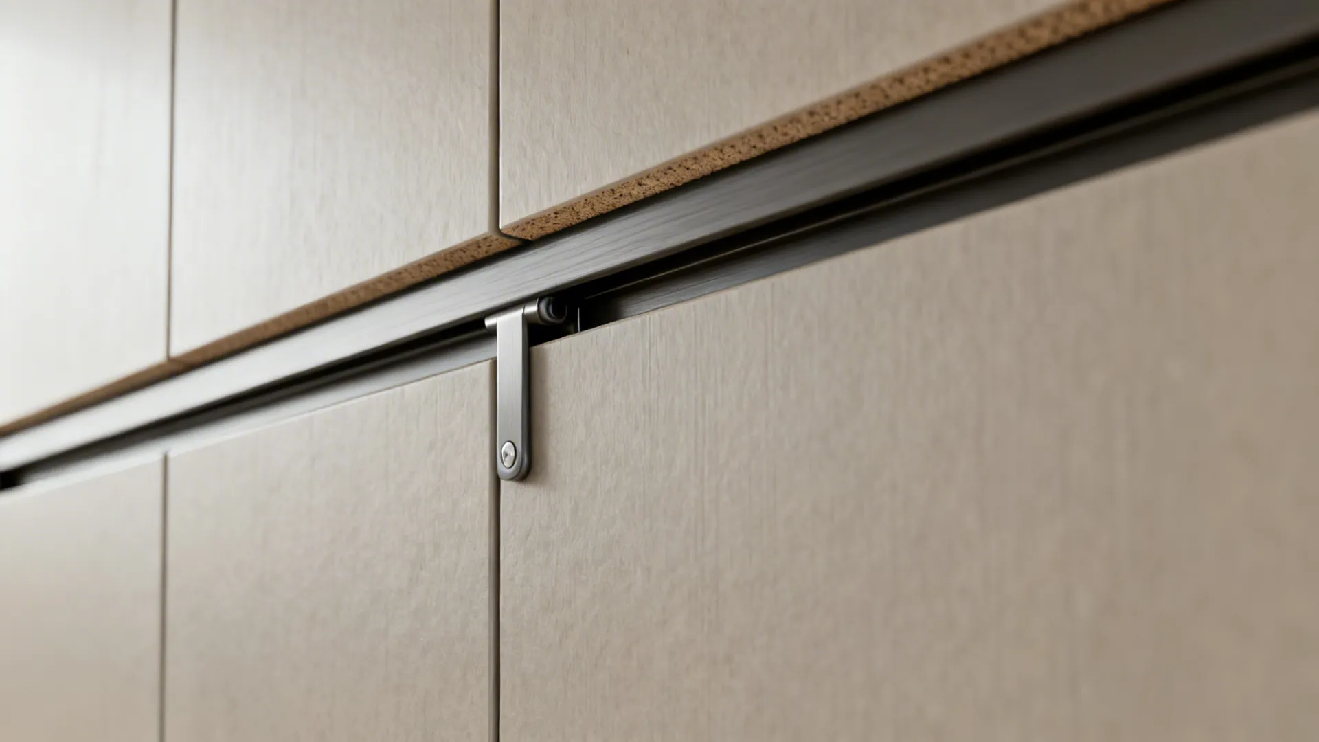 Close-up of pocket door track and gasketed edge on a matte pantry cabinet.