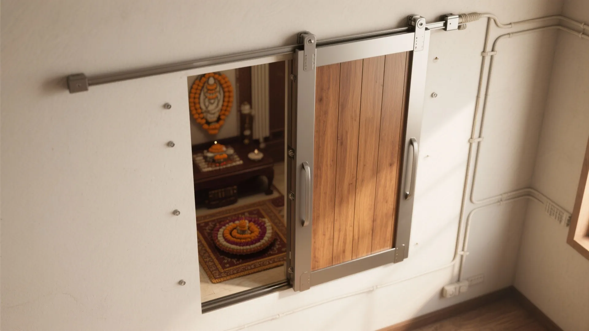 Small sliding wood door on a metal track opening to reveal a decorated indoor prayer room