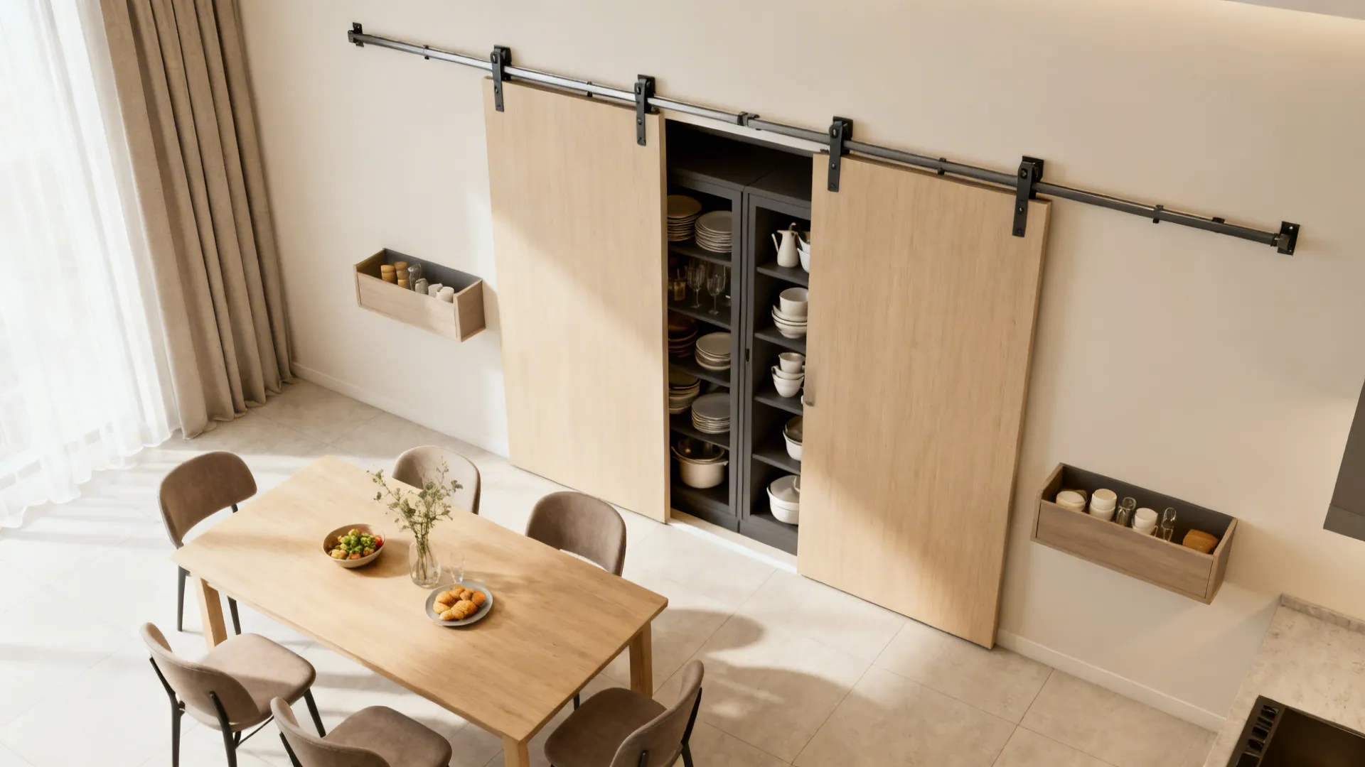 4) Sliding Pocket Panels with Hidden Crockery Pantry