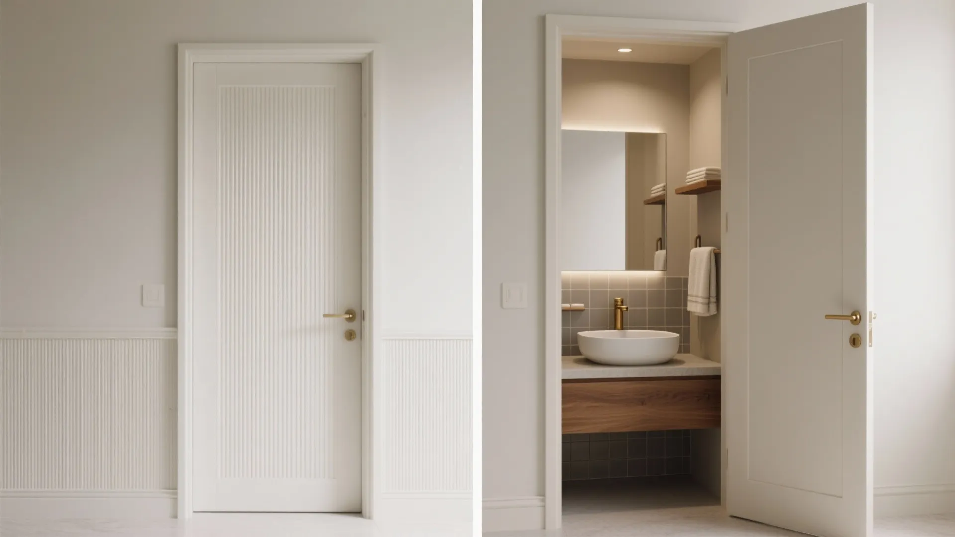 Before and after comparison of a closed white door and an open door showing bathroom