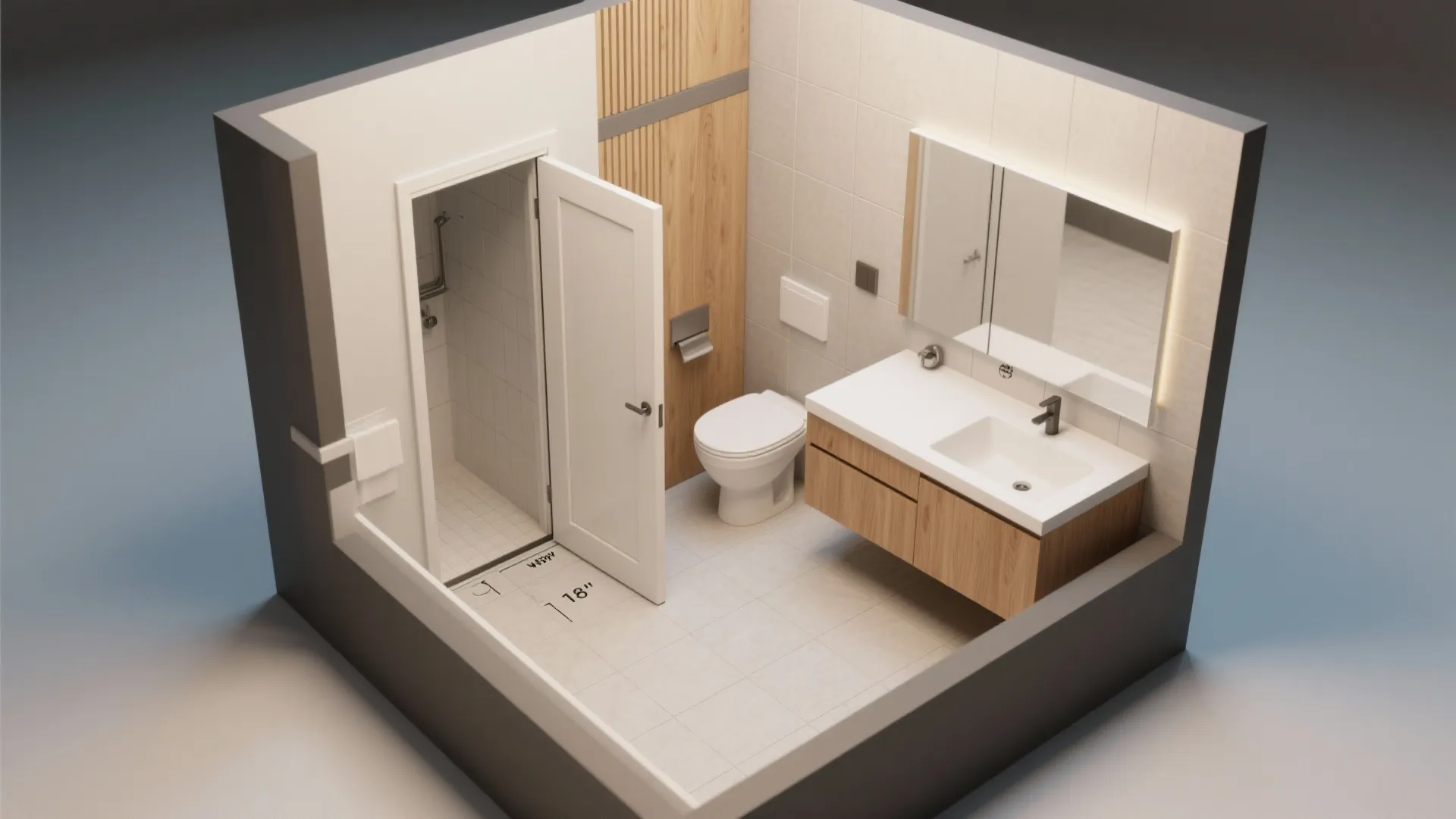 3. Pocket door + floating vanity for better flow