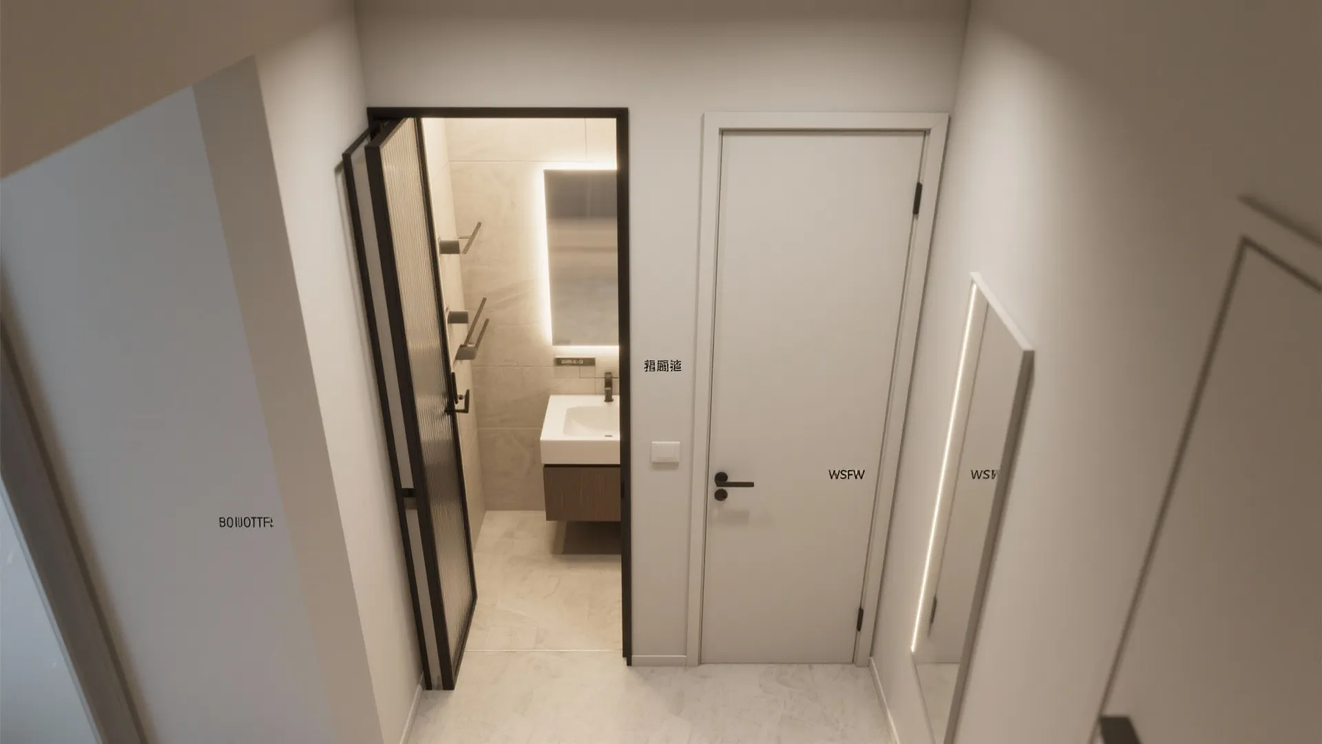 Modern hallway view showing open black glass door to bathroom with sink and white door