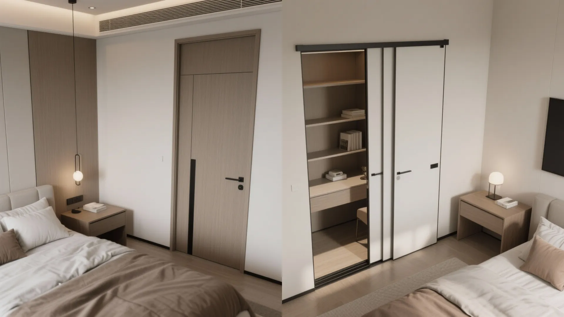 Side by side comparison of a traditional wooden swing door and a sliding pocket door