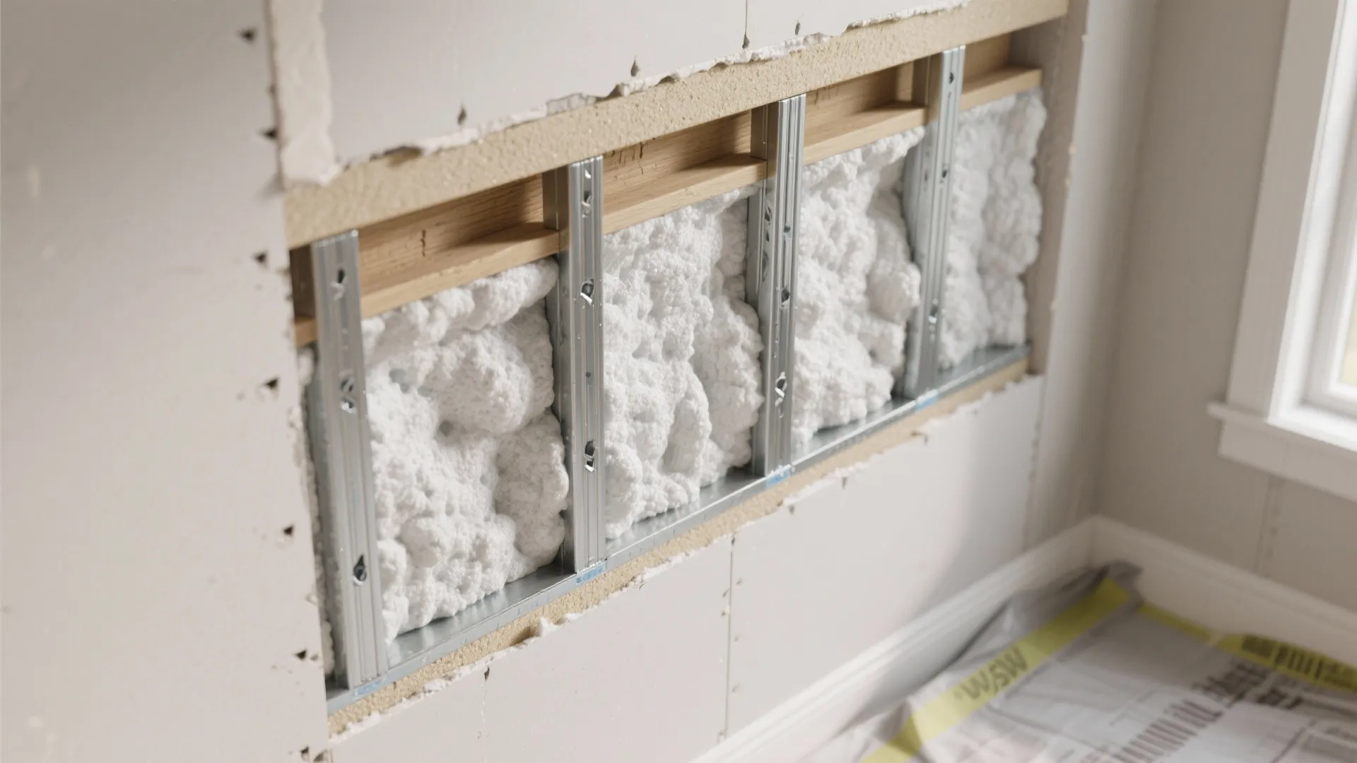Close up of white spray foam insulation applied between metal wall studs inside a home
