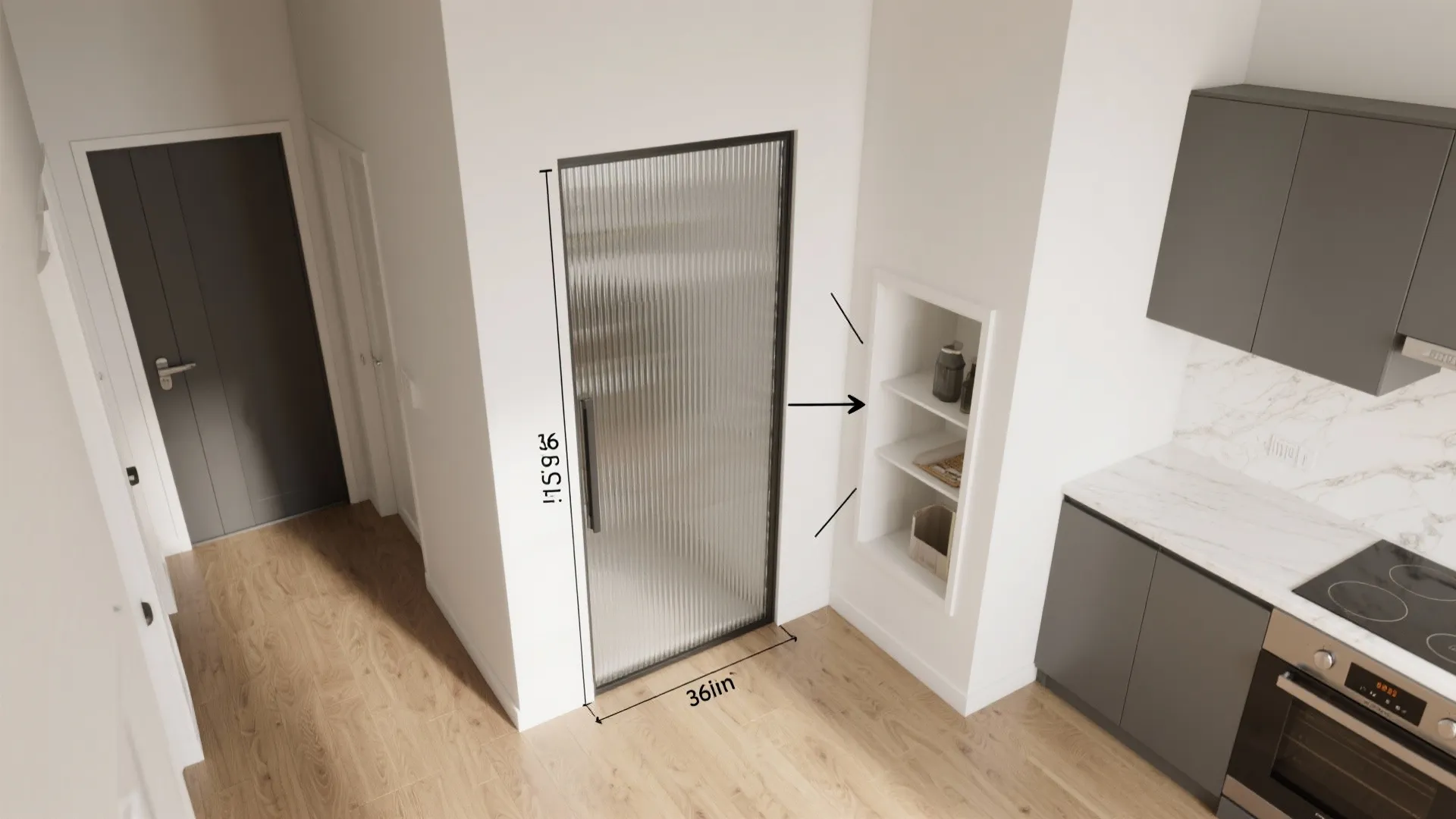 Top view interior design drawing showing kitchen dimensions with glass door and recessed wall shelves