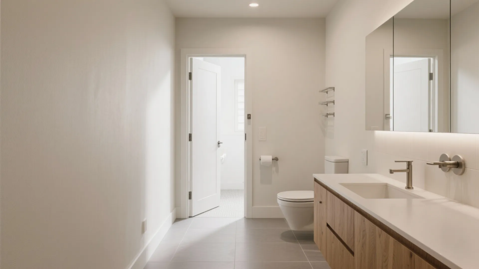 Modern white bathroom with wooden vanity, large mirror, wall light, toilet, and an open door