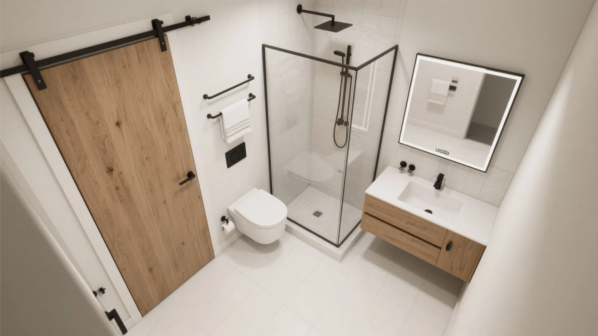 Modern bathroom with wood sliding door glass shower toilet sink cabinet mirror and white tile floor