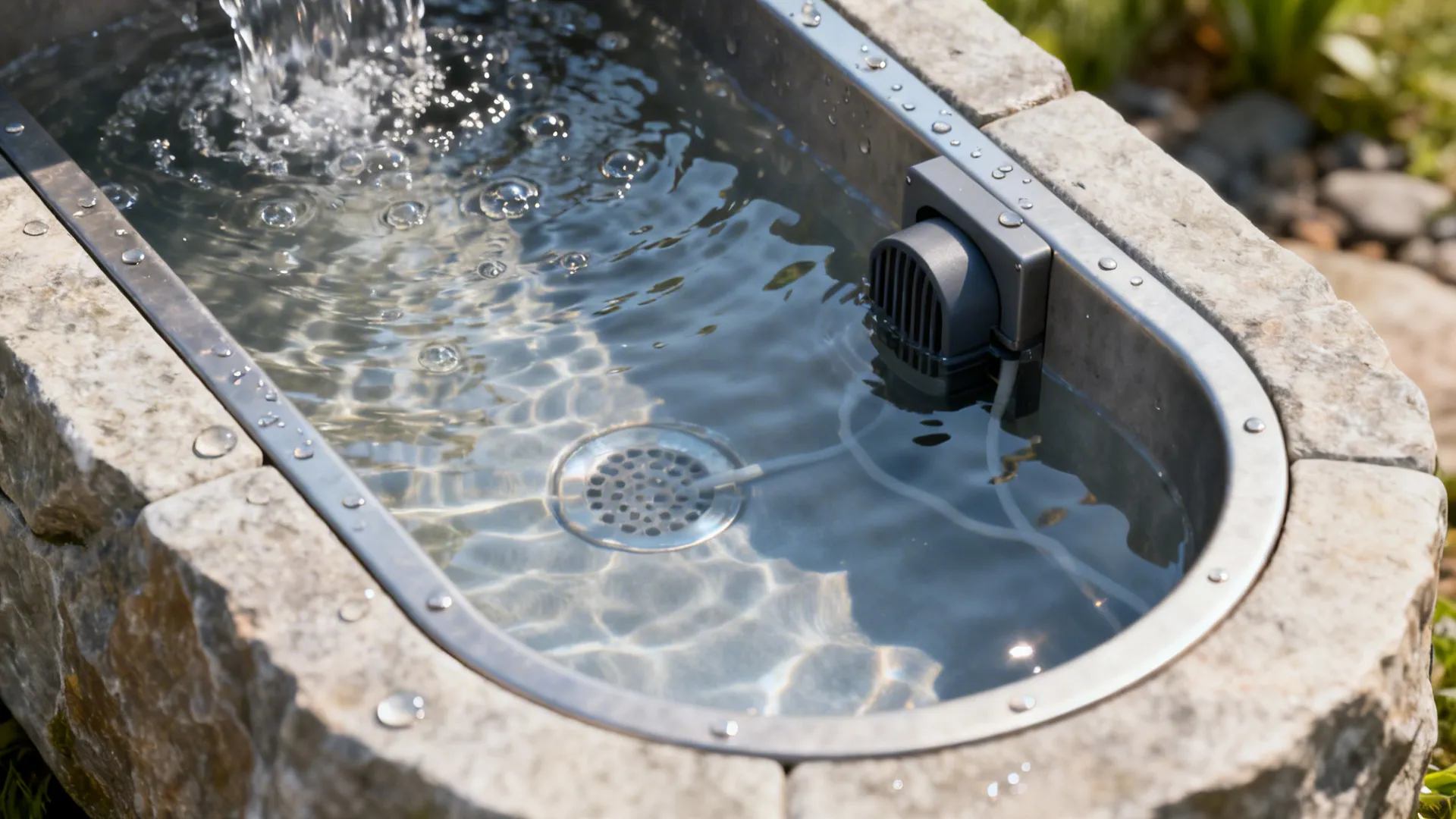 Compact bubbling water trough with concealed pump and clean basin.