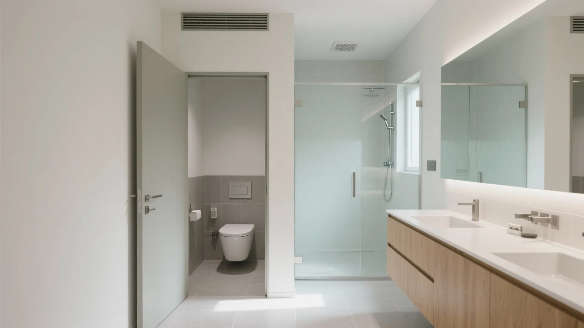 Spacious bathroom layout with separate toilet room large glass shower and long wooden double cabinet
