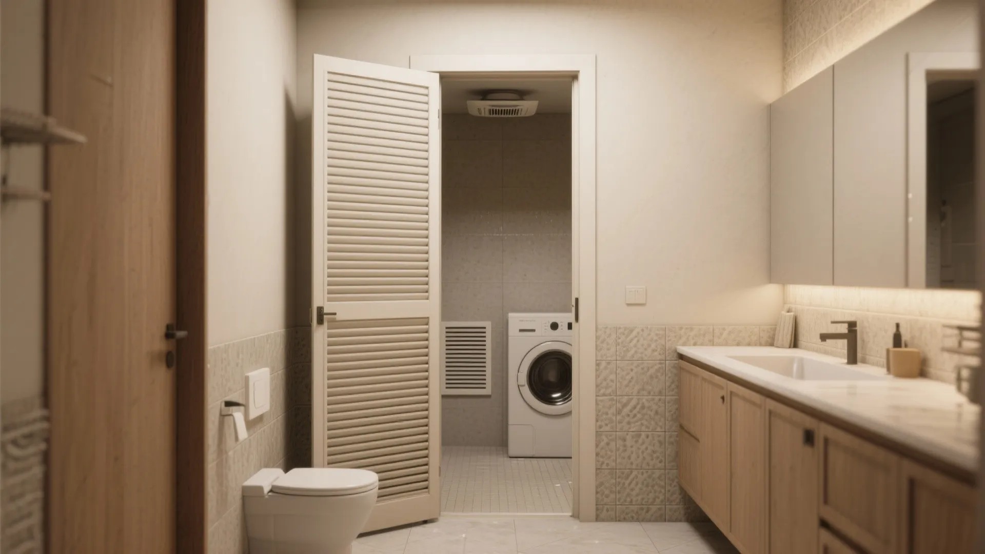 Modern bathroom with white toilet wooden cabinet and a laundry area featuring a white washing machine