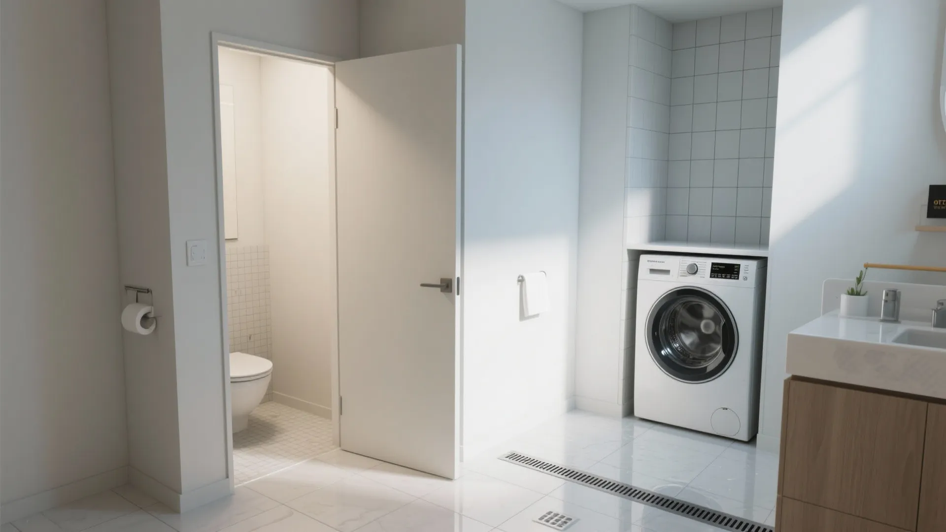 Modern bathroom layout with white washing machine next to a doorway showing the toilet area