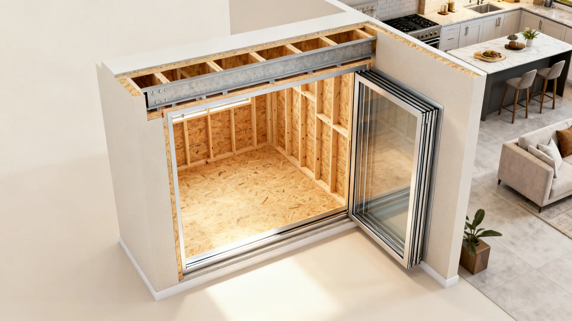 Top-down cutaway of a wall with a sliding pocket window and reinforced header