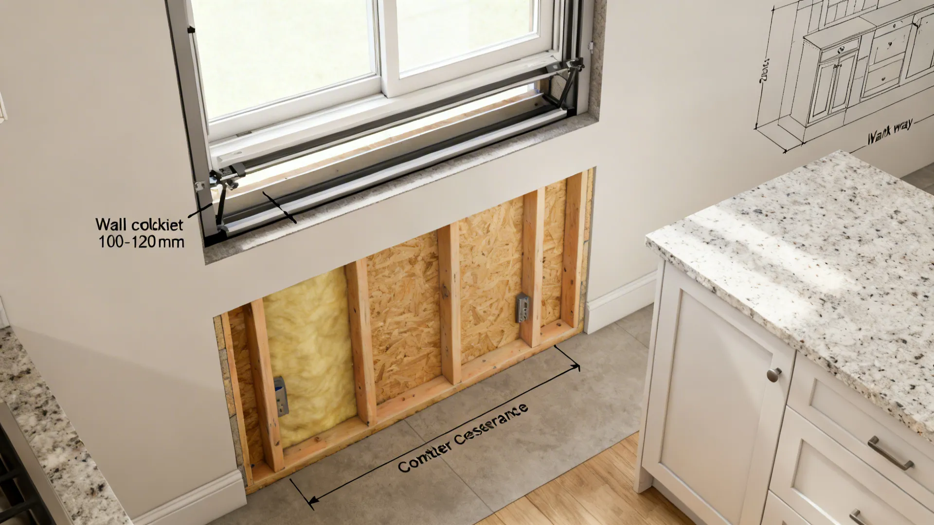 Interior design drawing showing a kitchen wall construction detail with a window and wooden studs