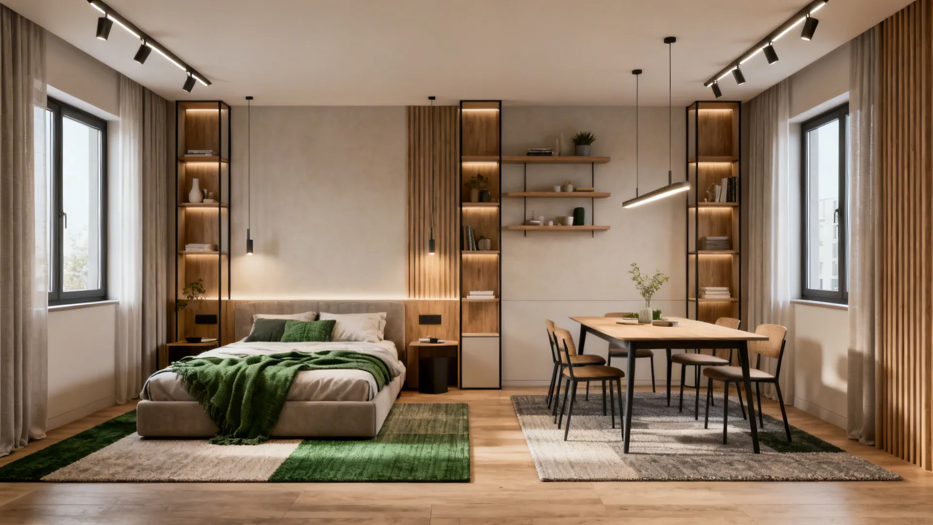 Small apartment showing distinct pocket zones using rugs, slim shelving, and lighting to define living, dining, and sleeping areas.