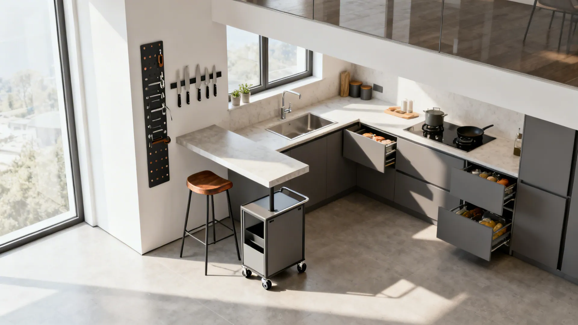 Pocket zones: dining ledge, mobile island, and vertical utility