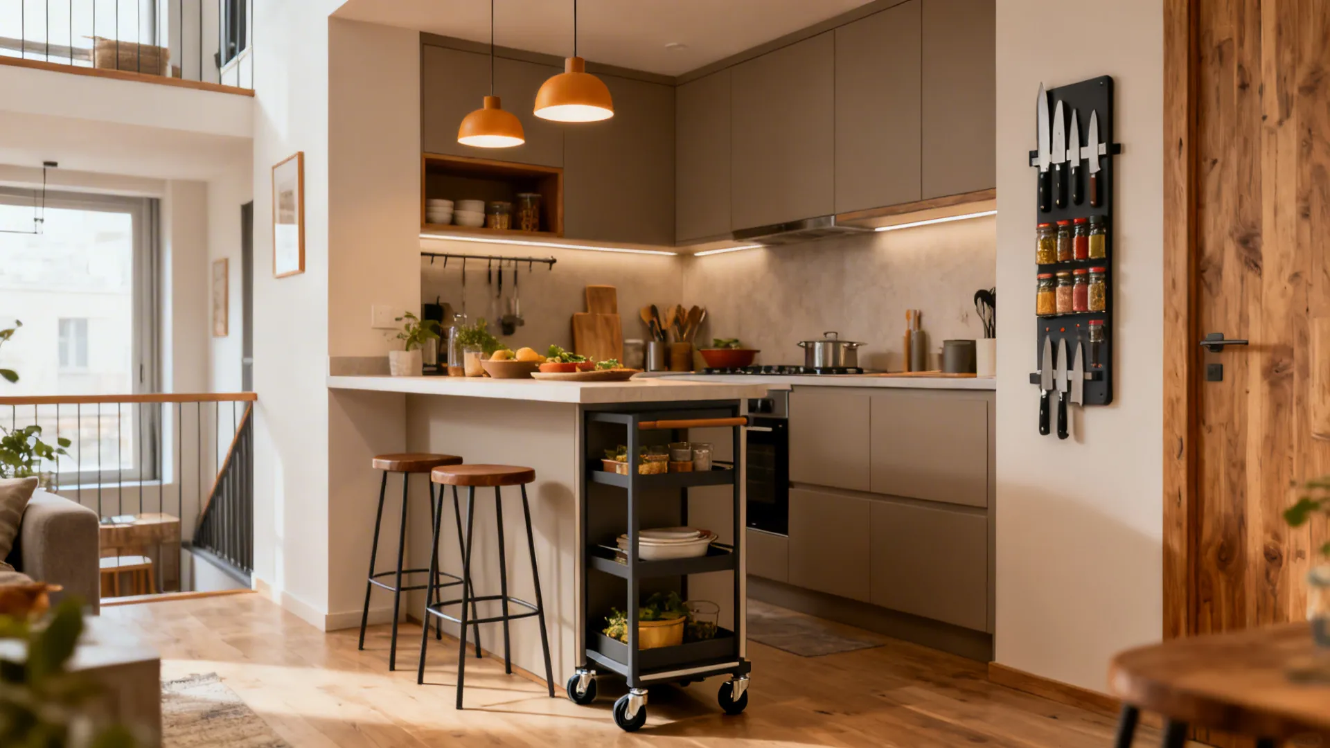 Pocket zones: dining ledge, mobile island, and vertical utility