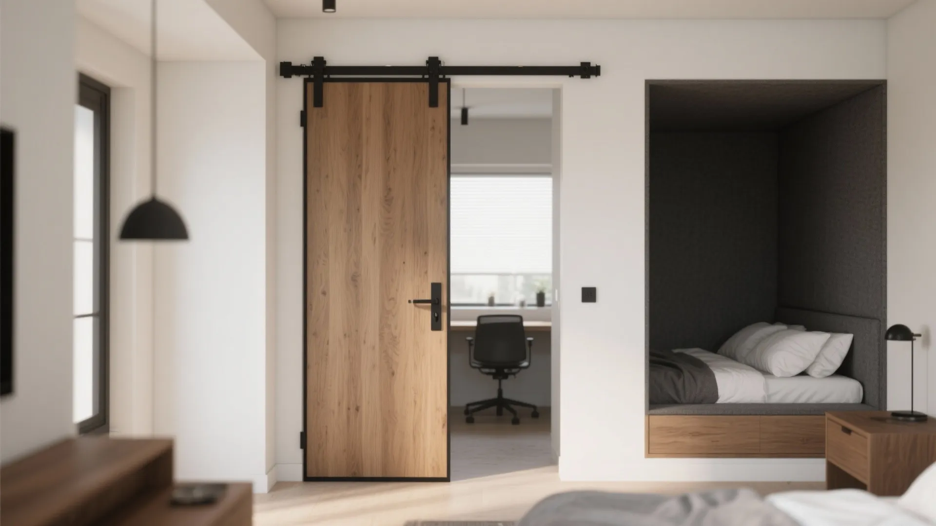 Modern bedroom with wooden sliding door leading to office space and a built in bed nook