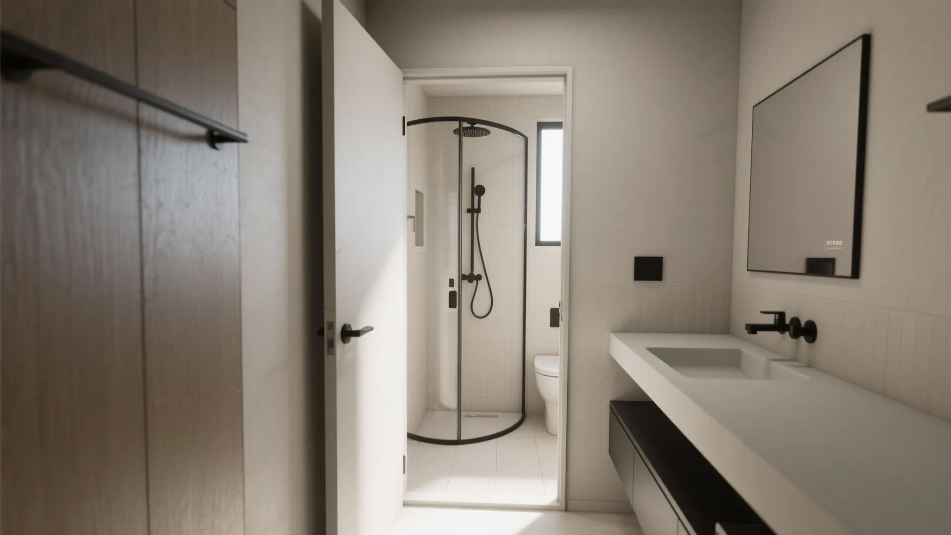 2. Pocket door and corner shower
