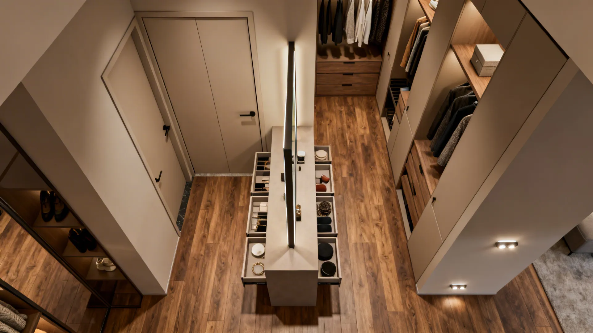 Top-down view of a compact closet layout with a pocket door and central island mirror.