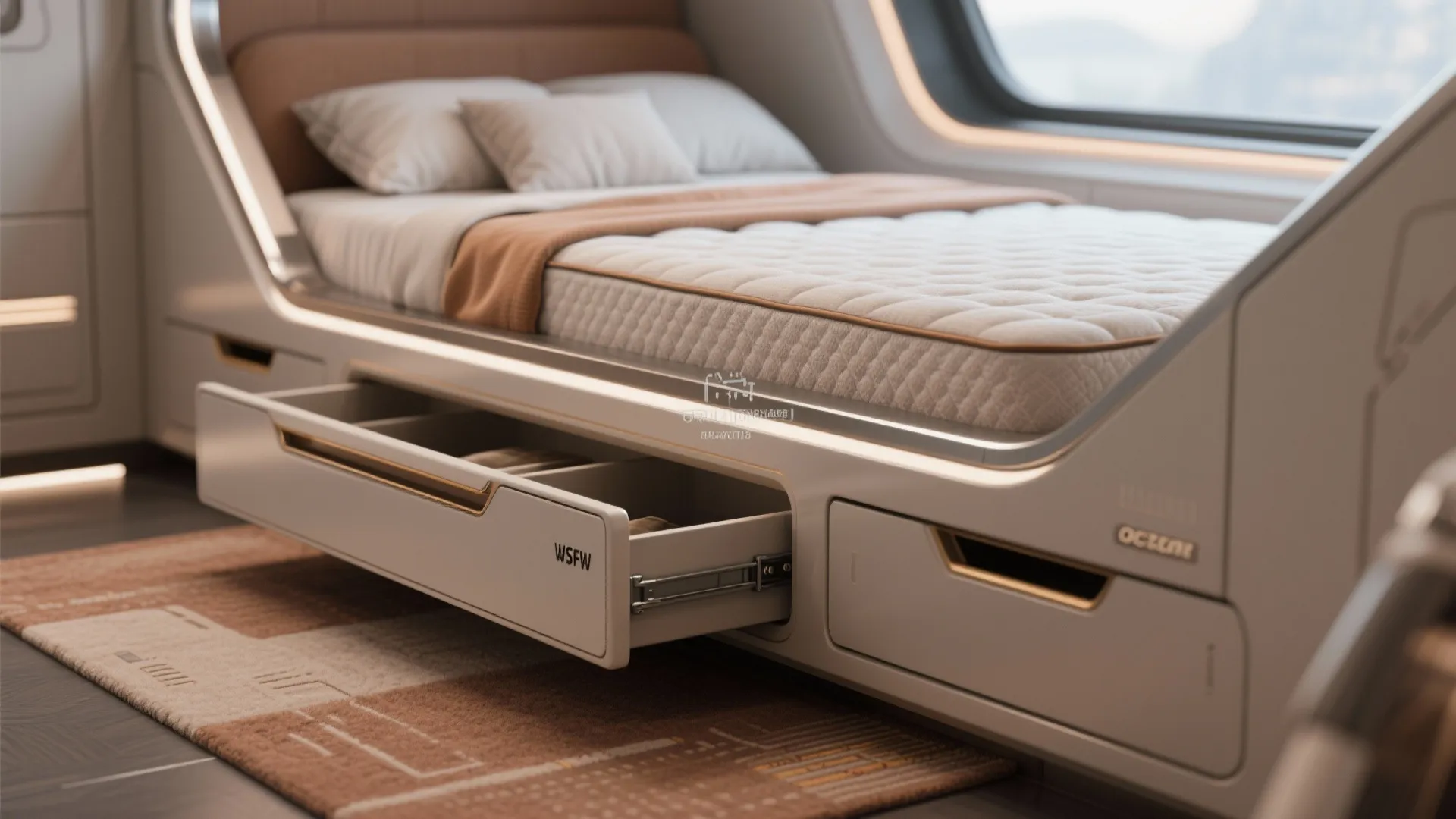 Close-up of pod bed showing full-extension drawers and hidden cubbies beneath the mattress.