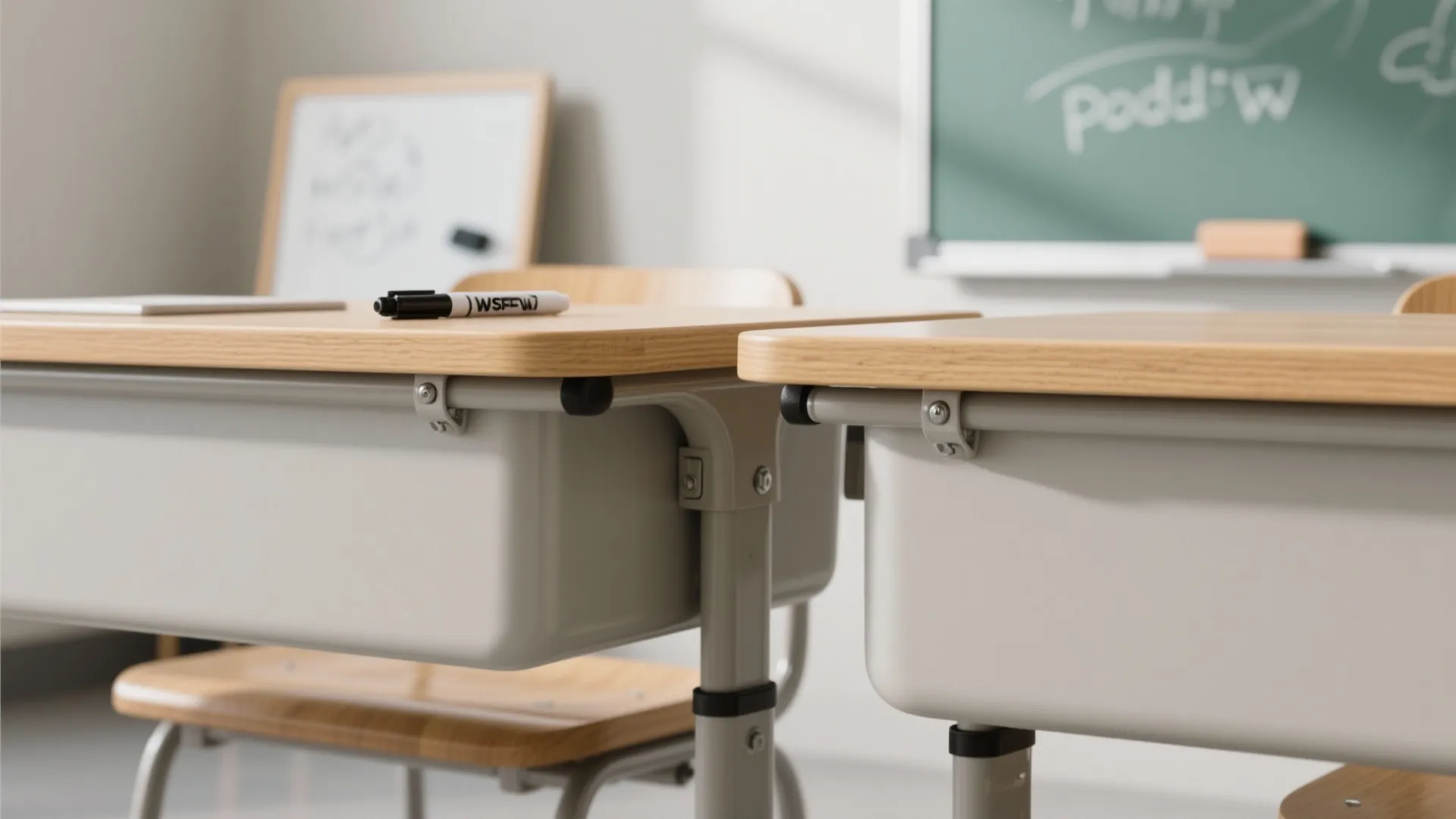 Close up of wooden school desks with metal legs and black marker in a bright classroom