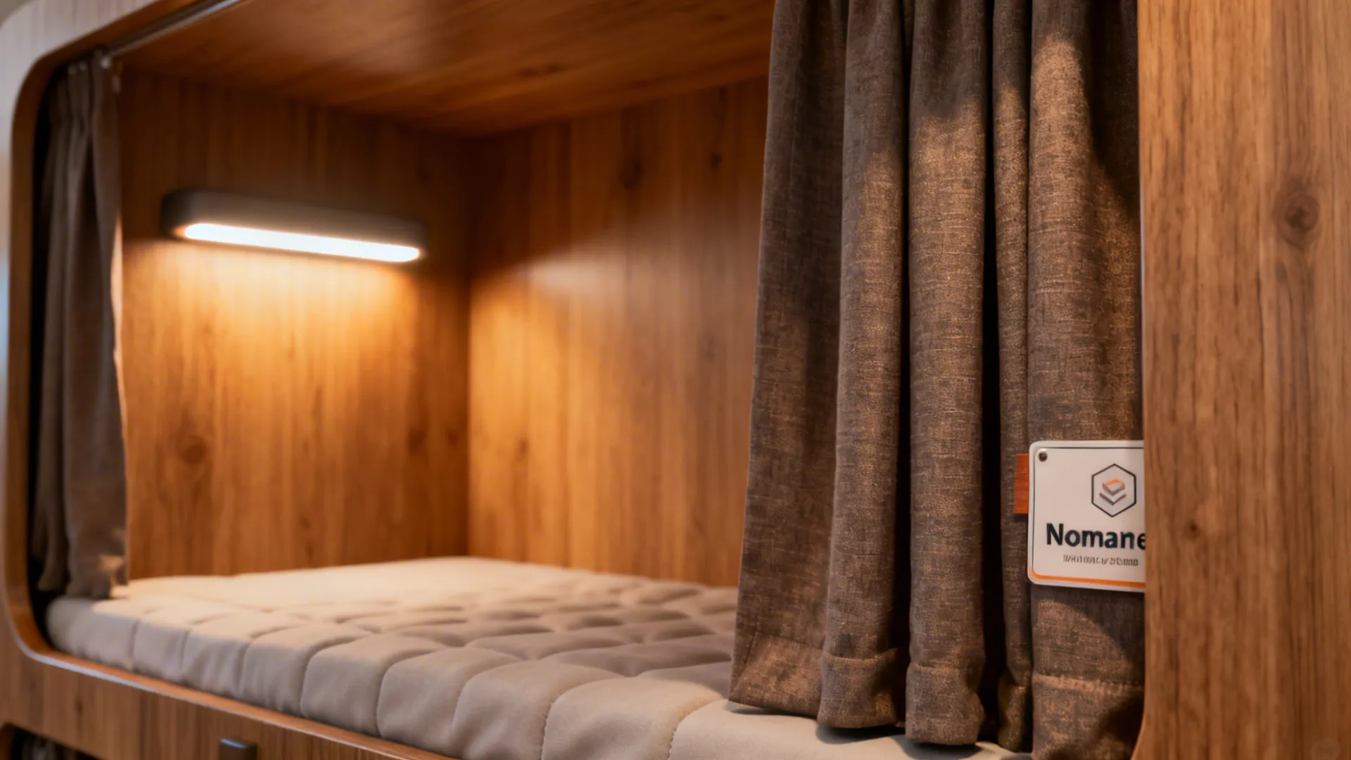 带帘子的床舱细节：胶合板框架、软垫床垫与LED阅读灯，营造私密氛围