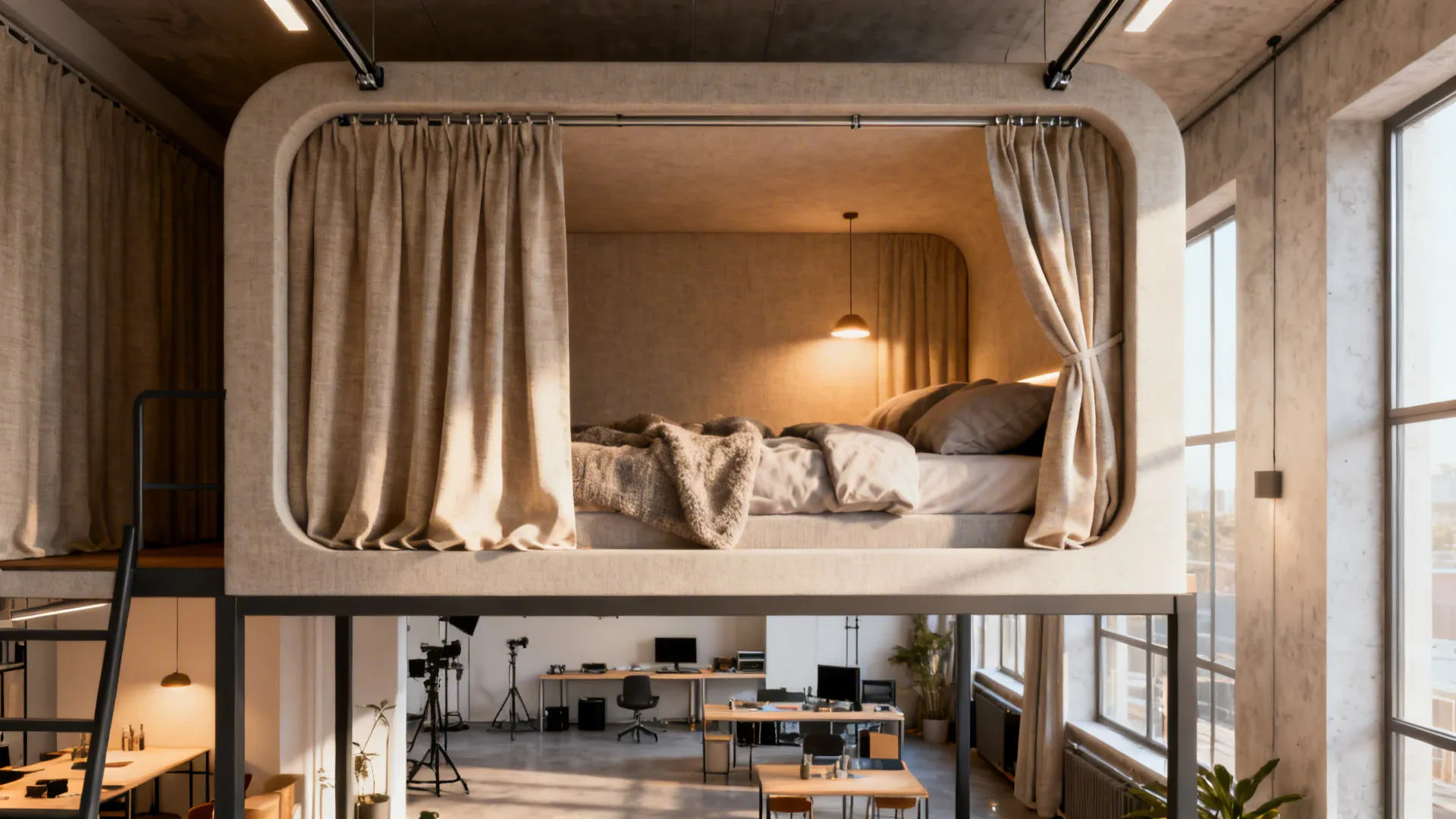 Pod-style mezzanine with curtains for privacy in a shared studio space.