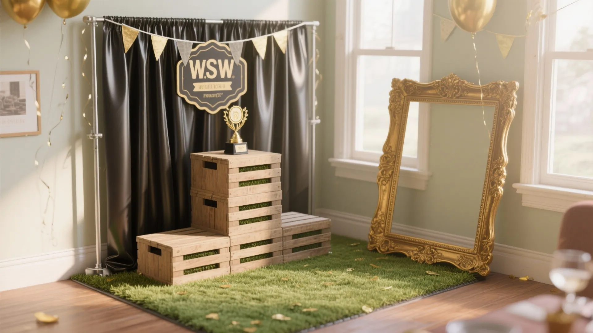 Photo booth setup with black curtain backdrop wooden crates trophy gold frame and green carpet