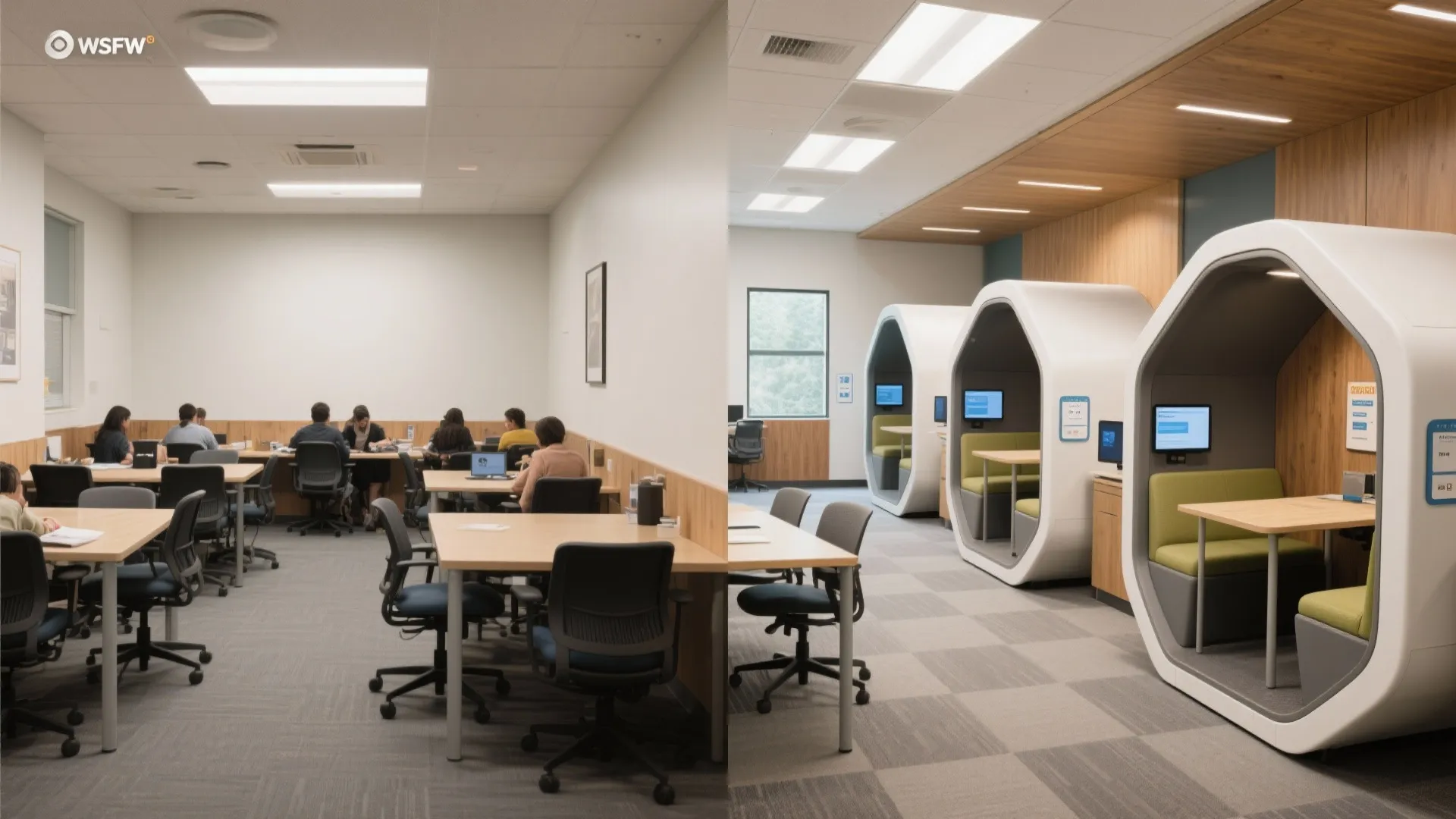 Before and after comparison of a traditional office desk layout and modern private work pods