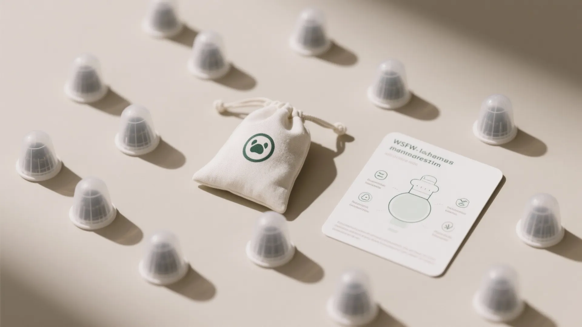 Flatlay of small fragrance pods, a breathable pouch and simple icons showing safe pet placement and usage tips.
